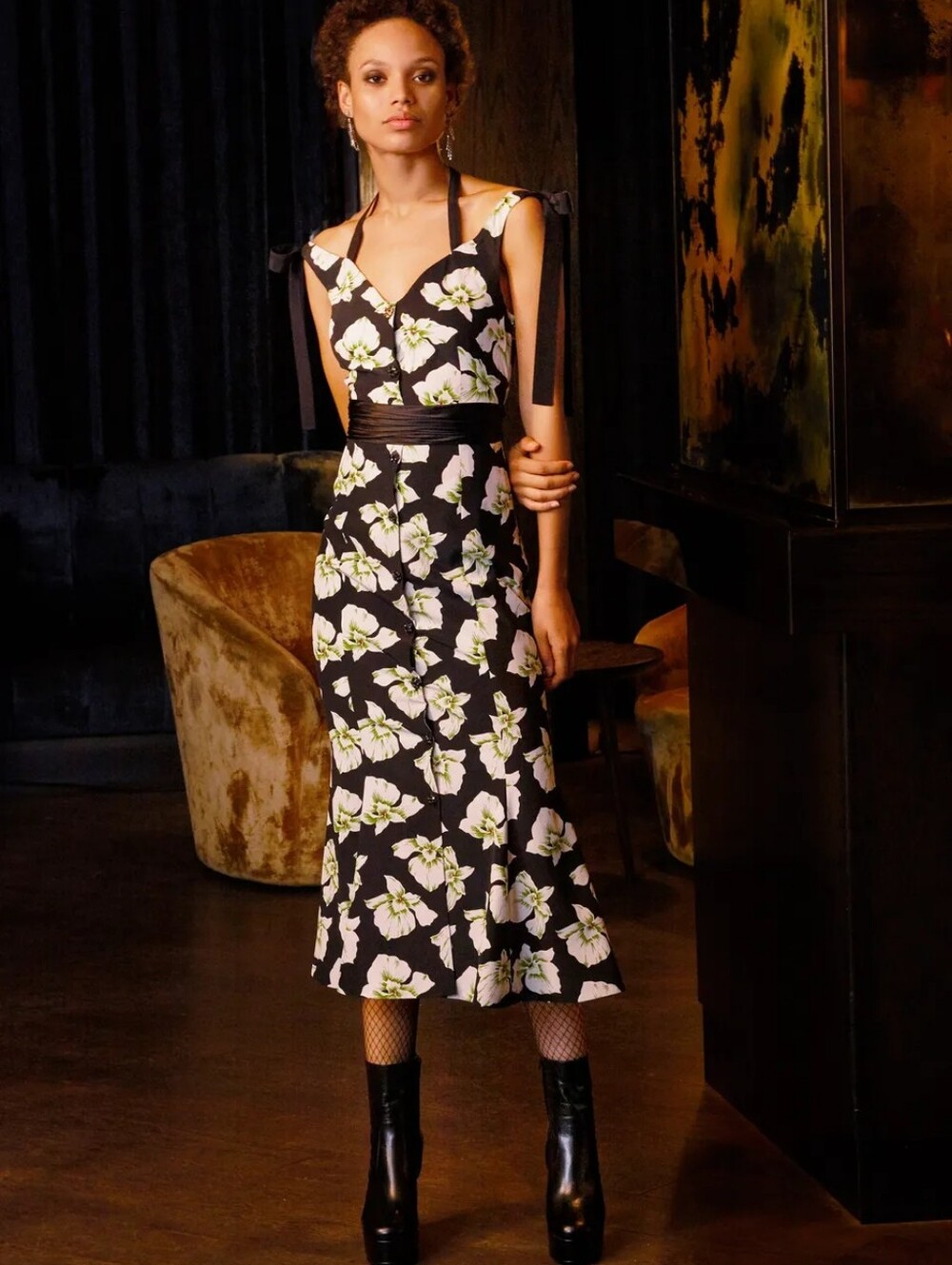Cinq A Sept Blakely Black‎ Floral Silk Midi Mermaid Flounce Hem Dress